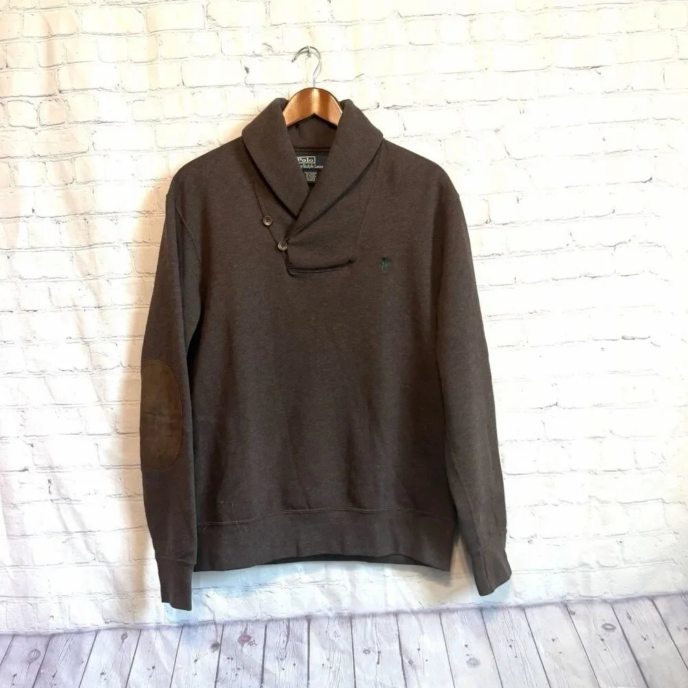 Polo Ralph Lauren Shawl Collar Sweatshirt Mens Medium Brown Suede Elbow Patches